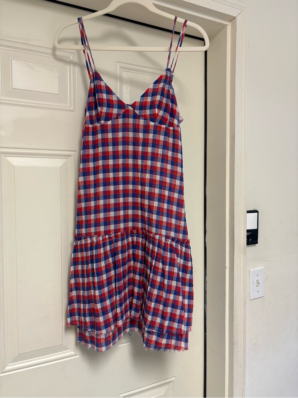 Women’s Fiorucci Red, Blue & White Gingham Spaghetti Strap Mini Dress